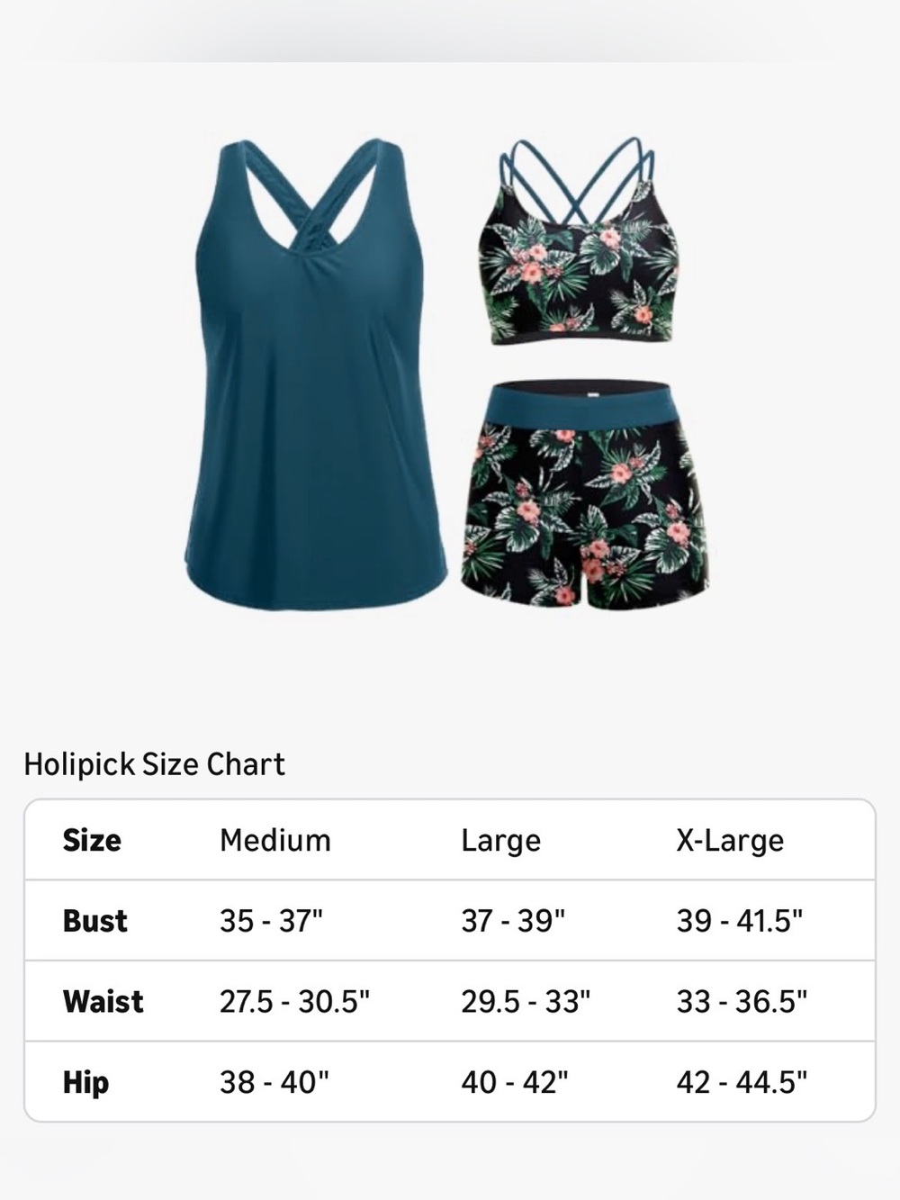 Teal Floral Strappy Tankini Set - Holipick 3 piece set-XL - Picture 5 of 7